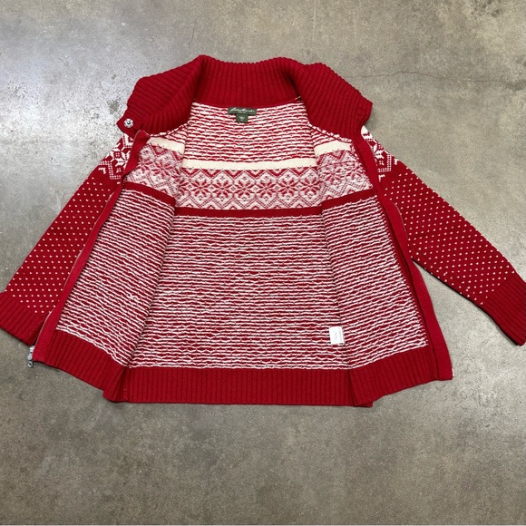 Eddie Bauer Lambswool Zip Cardigan Sweater Red Fair Isle Heart Knit - Picture 7 of 9